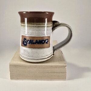garlands Handmade Ceramic Pottery Mug Brown White Beige Glossy Signed